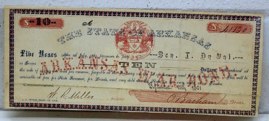 Civil War 1861 Dated State of Arkansas Confederate $10 Savings Bond