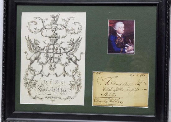 Framed Revolutionary War Signature of Dunk, Earl of Halifax, Dated August 15, 1764 and (2) other