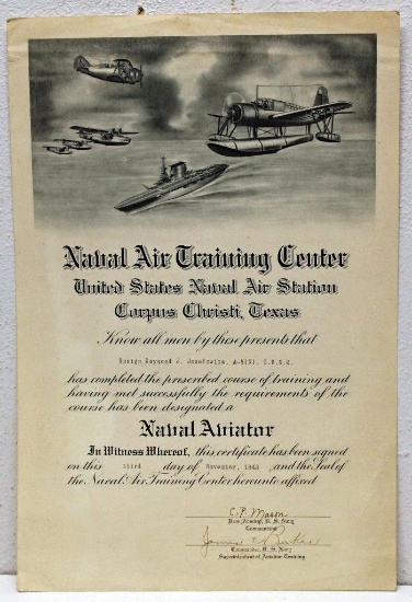 WWII Naval Air Training Center Diploma Dated November 3, 1943
