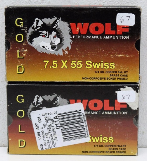 (2) Full Boxes Wolf Gold 7.5x55 Swiss 174 gr. FMJ BT Cartridges