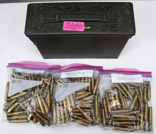 170 Rounds .30-06 Brass Cartridges, Cleaned, Sized, Deprimed for Reloading w/ Metal Ammo Can