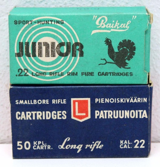 Full Vintage Box Lapua .22 LR, Made in Finland and Full Vintage Box Baikal Junior .22 LR Cartridges,