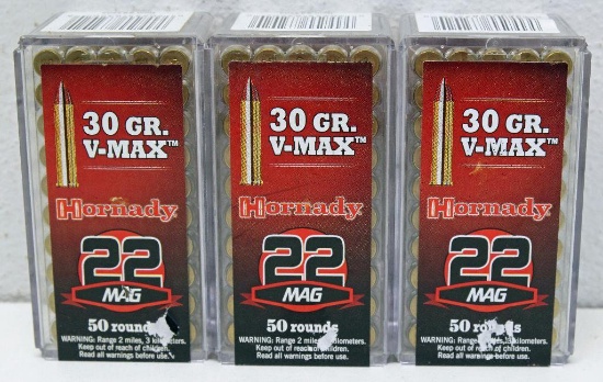 (3) Full Boxes Hornady .22 Mag. 30 gr. V-MAX Cartridges