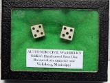 Civil War Era Hand Carved Bone Dice, Said to have been recovered at a camp site near Vicksburg,
