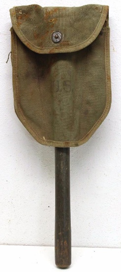 WWII U.S. Folding Shovel or Entrenching Tool w/Canvas Cover Carrier, Marked 'U.S.'