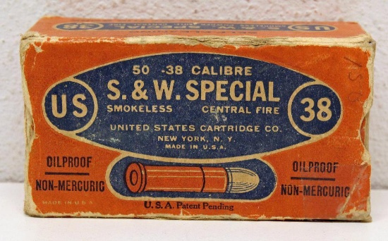 Vintage Full and Correct Box US Cartridge Co. .38 S&W Special Cartridges, Box is intact w/some wear