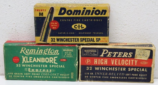 (3) Vintage Different Full Boxes .32 Winchester Special Cartridges, Boxes Full of Mixed Rounds -