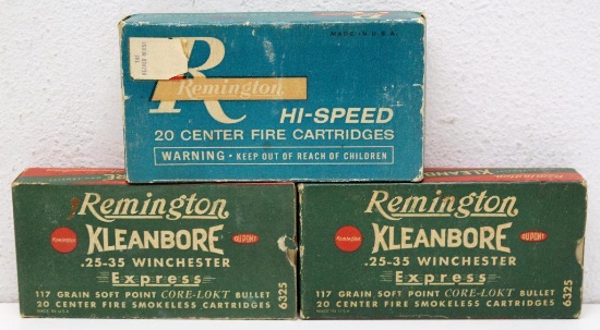 (3) Full Vintage Boxes Remington .25-35 Win. Cartridges, (1) Box Correct and (2) Boxes Mixed Rounds