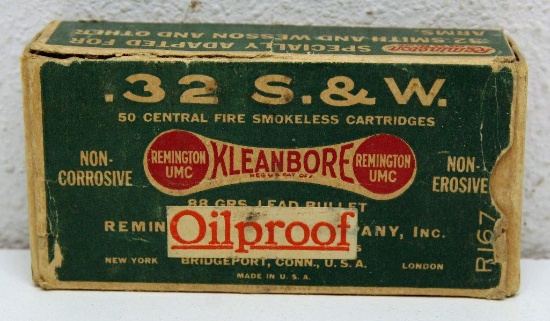 Full Vintage Remington Dog Bone Box .32 S&W Cartridges, Seam on Top of Box is Starting to Split