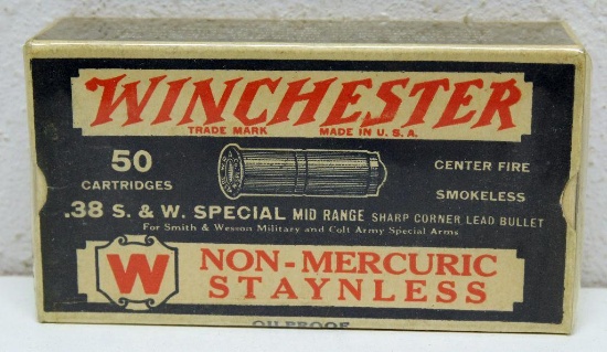 Full Vintage Box Winchester Non-Mercuric Staynless .38 S&W Special 148 gr. Cartridges