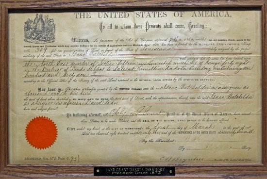 Framed United States Land Grant 160 Acres in Dakota Territory, Signed by President Ulysses S. Grant