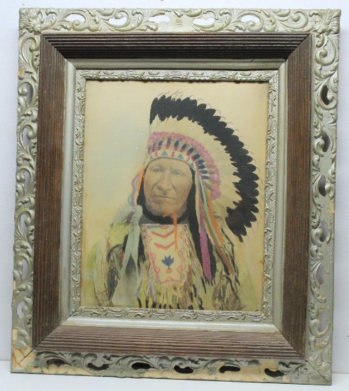Framed Indian Portrait, 27" x32", Appears to be Early Photograph w/Painted Highlights, No Signature
