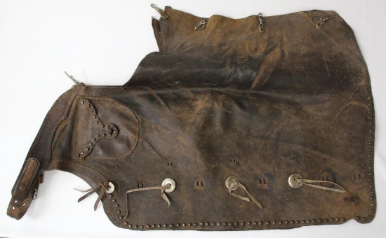 Old Pair Western Cowboy Leather Spotted Chaps, Some Conchos and a Pocket Snap Missing, No Markings