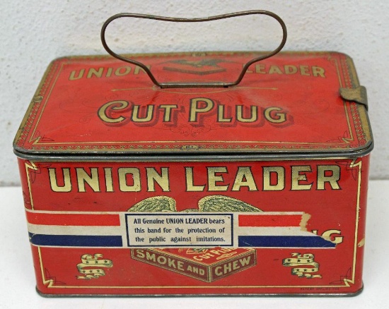 Union Leader Cut Plug Lunch Pail Style Tobacco Tin w/1910 Tax Stamp