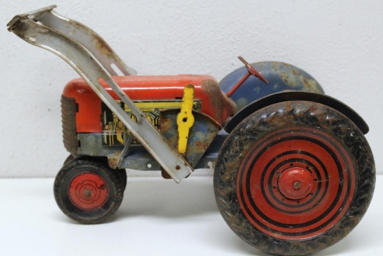 Vintage Tin and Pressed Steel Toy Tractor, Missing Bucket on Loader and Driver, Axle Makes Clicking