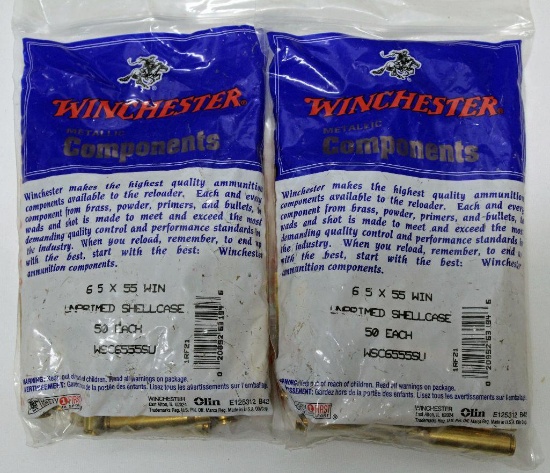 100 Rounds New Winchester 6.5x55 Swiss Brass for Reloading
