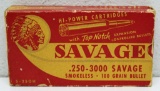 Full Vintage Box Savage .250 -3000 Savage 100 gr. Cartridges w/Indian Head Logo