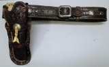 Hand Tooled Leather Gun Rig, Holster and Cartridge Belt, Measures 56