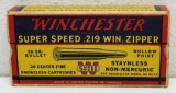 Full Vintage Box Winchester Super Speed .219 Win. Zipper 56 gr. HP Cartridges