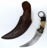 Karambit Custom Made Damascus Double Edge Knife w/Buffalo Horn and Camel Bone Handle and Tooled