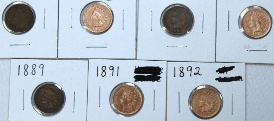 (2) 1887, (2) 1888, 1889, 1891, 1892 Indian Head Cents, Some Cleaned