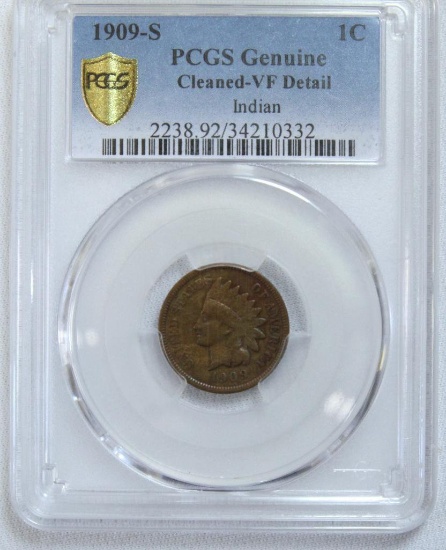 1909S Indian Head Cent Slabbed PCGS Geniune, Cleaned VF Details, Key Date