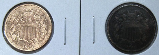 1864, 1865 Two Cent Pieces, 1864 has been cleaned