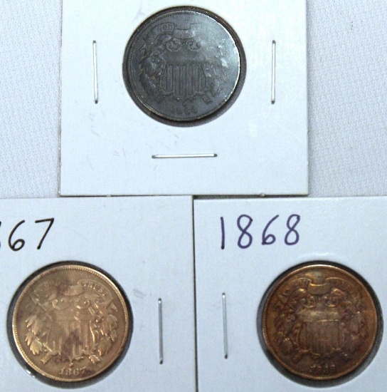1864, 1867, 1868 Two Cent Pieces, 1867 has been cleaned