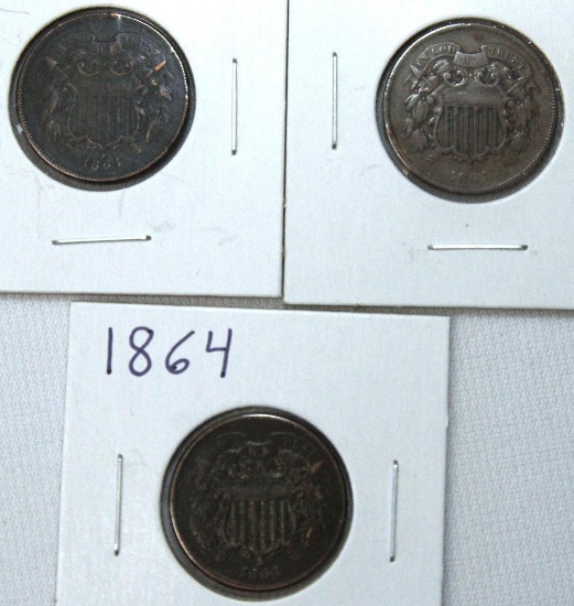 (3) 1864 Two Cent Pieces