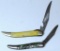 (2) Old Fish Folding Pocket Knives - One with Green and Silver Handle Marked 'Hammer Brand USA' and