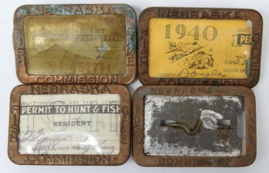 (4) Old Nebraska 1930-1940's Hunt/Fish License Permit Holders, (3) have Permits