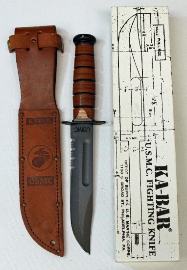 KA-BAR U.S.M.C. Fighting Knife w/Sheath in Box, 7" Blade, 12" Overall