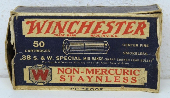 Full Vintage Box Winchester .38 S&W Special Mid Range Cartridges, Some Damage to Box and Missing End