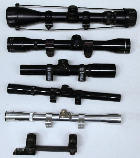 Box Lot 5 Scopes w/Rings to include Simmons 3-9x40, Tasco 4x32, Burris 2X, Optronics 4x20, and Tasco