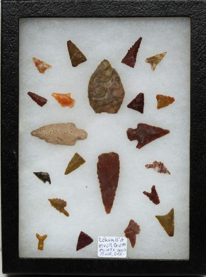 Frame 6"x8" Native American Indian Arrowheads, Points, Marked Columbia River, Hood River, Oregon