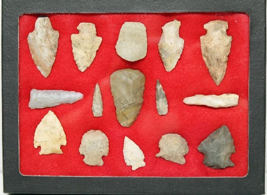 Frame 6"x8" Native American Indian Arrowheads, Knives, Tools