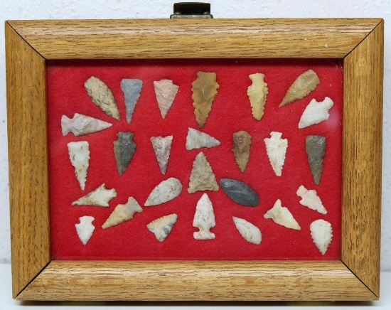 Oak Case 6"x8" Native American Indian Arrowheads and Tools