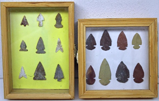 (2) Small Shadowboxes w/ Native American Indian Arrowheads, Glued to Paper, 6"x6" and 6"x8"
