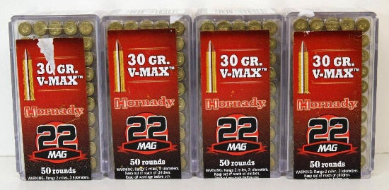 (4) Full Boxes of 50 Hornady .22 Win. Mag. 30 gr. V-Max Cartridges