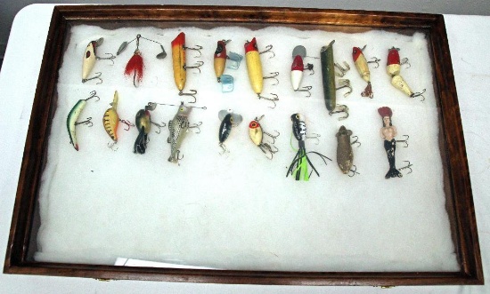 Wood Showcase w/18 Vintage Fishing Lures, 24" Wide by 16" Tall