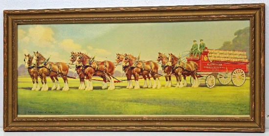 Vintage Framed Anheuser Busch Budweiser Clydesdale Horse Team, Frame 26 1/2" by 12 1/2", Tape on