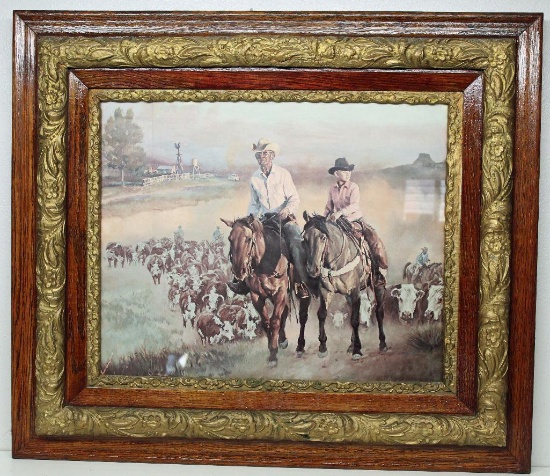 Western Print Cowboys on Hereford Cattle Ranch, Nice Gold Gilt Oak Frame 29 7/8" Wide 25 1/2" Tall,