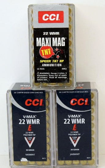 (2) Full Boxes of 50 CCI V-Max .22 WMR 30 gr. Polymer Tip Cartridges and Full Box of 50 CCI .22 WMR
