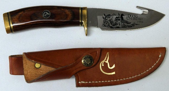 1994 Ducks Unlimited Buck 191 Fixed Blade Skinning Knife with Gut Hook and Sheath, 4 1/8" Blade, 8