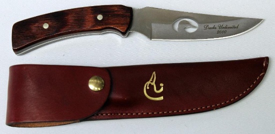 2000 Ducks Unlimited Buck Fixed Blade Hunting Knife with Sheath, DU Cut Out on Blade, 5 1/4" Blade,