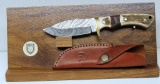 Ducks Unlimited Fixed Damascus Blade Hunting Knife with Sheath and Wooden Presentation Stand, 4 1/4