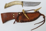 Custom Antler Handled Fixed Blade Hunting Knife with Leather Sheath, 5 7/8