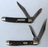 (2) 2 Blade Pocket Knives - Stag Handle Knife Marked 'Kutmaster' and Black Handle Knife Marked