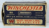 Full Vintage Box Winchester .38 S&W Special Mid Range Cartridges, Some Damage to Box and Missing End