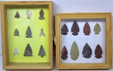 (2) Small Shadowboxes w/ Native American Indian Arrowheads, Glued to Paper, 6